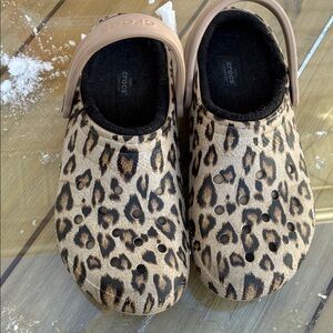CROCS Leopard Print Clogs with Tan Strap